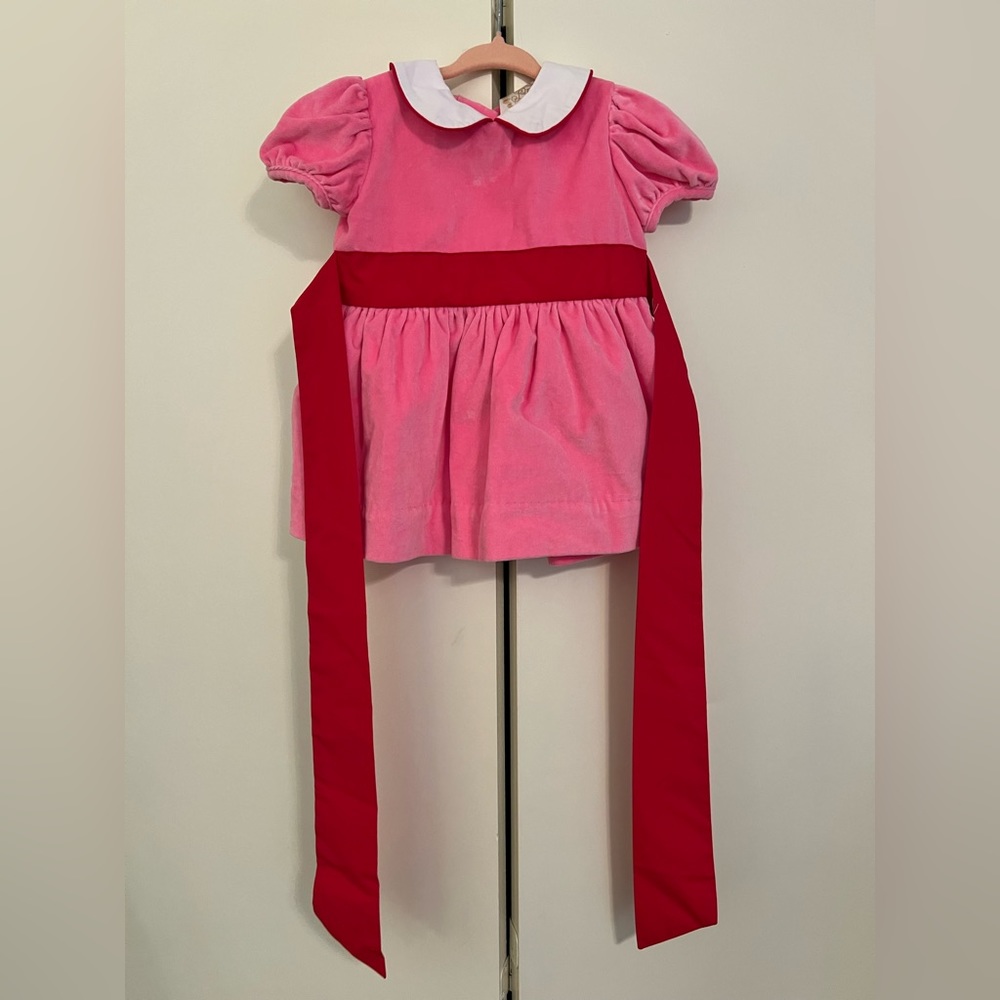 The Beaufort Bonnet pink velvet red bow sash tie dress
